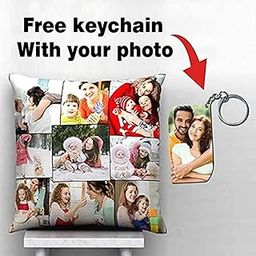 Print Cotton Personalized 9 Photo Printed Satin Blend Decorative Pillow Cushion Cover with Filler (White, 12X12 Inch)-image-12