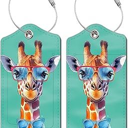 2 Pack Luggage Tag for Suitcase, Cute Unique Leather Bag Tags Identifiers Privacy Cover ID Label with Durable Steel Loop for Women Men Kids Girls Travel，GiraffeF-image-27
