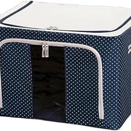 BIYALI 66 Litre Foldable Steel Frame Cloth Organizer Storage Bag with Zip, Oxford Fabric Organisers Cover Boxes for Wardrobe Clothes, Sarees, Bed Sheet, Blanket (Blue Polka Dot)-31