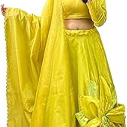 Womens Rajwadi Chanderi Silk with Hand Made Flower Wedding Readymade lehenga Choli, Yellow, Free Size-picture-45