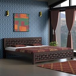 TreeWalley Solid Sheesham Wood King Size Bed Without Storage | Wooden Double Bed Cot Bed for Bedroom Furniture | Palang Double Bed for Hotels | Niwar Patti Design, Walnut-23