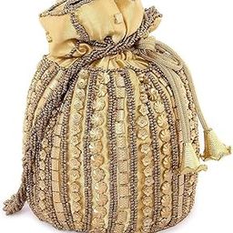 Women’s Golden Potli Bag with Beadwork Embroidery, Single, Golden-34