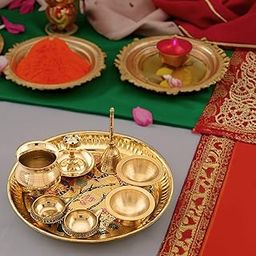 Sacch| Pooja Thali with 2 Diya, 1 Incense Holder, 1 Bell, 1 Lota, 1 Chandan pyali 1 Sindoor pyali and Decorative Design-image-38