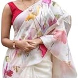 Women's Digital Floral Print Original Plain Linen Casual Saree With Blouse Piece (Main)-picture-20