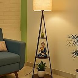 Modern Floor Lamp with Storage Shelves, 125 cm Tripod Stand, Beige Jute Shade, Art Deco Style for Living Room Beige-image-18