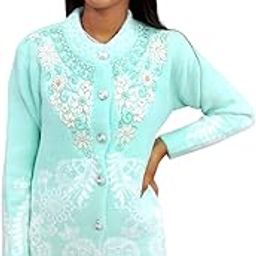 Women's Floral Embroidered Cardigan, Mint Green, Long Sleeve Button-Down-image-95