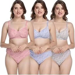 Full Coverage Padded Push Up Printed Lingerie Set Pack of 3 Daily Use Bra Panty Set for Women and Girls Multiple Colors-image-0