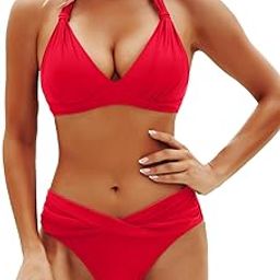 Women Two Piece Bathing Suits Push Up Bikini Set Halter Swimsuit Vintage Swimwear, Red, M-image-59