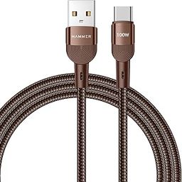 HAMMER 100W 5A USB to Type-C for OnePlus with WARP/VOOC/FLASH support, Super Fast Charging Cable,1.2M Nylon Braided,Tangle free,480Mbps Data Transfer, supports OPPO (Brown)-25