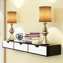 Total Crafts Exclusively Launched Engineered Wood Wall Shelf with Drawer for Living Room, Storage and Home Decorative (Black/White)-image-0