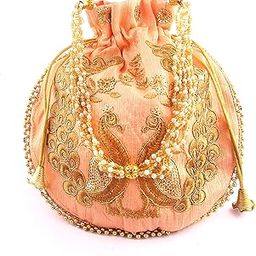 Indian Handicraft Women's Silk Ethnic Rajasthani Potli Bag , Baby Pink-27