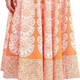 Exotic India Midi-Skirt from Pilkhuwa with Block Printed Motifs - Color Vibrant OrangeGarment Size Free Size-image-60