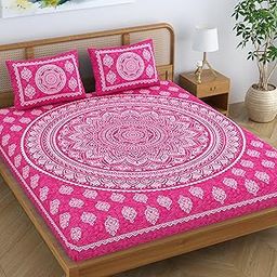 Colorish Cotton Blend Traditional Mandala Jaipuri Printed Bedsheet for Double Bed King Size with 2 Pillow Covers, Pink| H603 | 120 TC-image-33