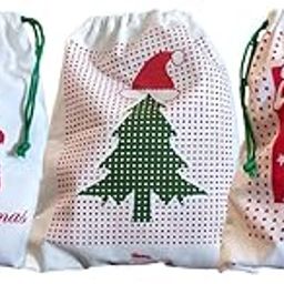 Arka Christmas Drawstring Gift Bags (Set of 3) 100% Cotton Canvas, Eco-Friendly (10 X 12 inches, Off-White)-18