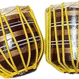 Professional Wooden Tabla Set, Brown with Yellow Binding, Musical Percussion Instrument for Children-image-4