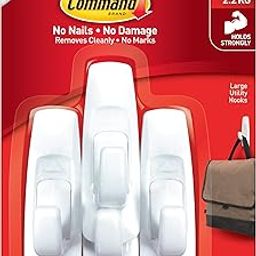 3M Command, Pack 4 Hooks, Holds Upto 2.2 Kg, Removable, Comes Off with No Paint Damage, Large Utility Wall Hooks, Heavy Duty, Holds Strongly, Reusable - Plastic, White-40