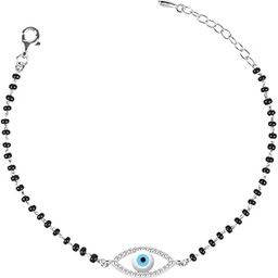 Womens 925 Sterling Silver Evil Eye Halo Hand Mangalsutra Bracelet | Black Beads, Rhodium Plated | Gift For Wife-image-53