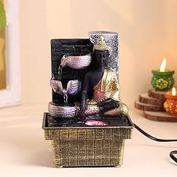 Decorative Lord Buddha Water Fountain with LED Light for Living Room, Table and Office Desk Decor | Home and Office Gift for Religious Events & Occasions, Resin-9