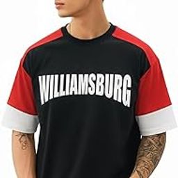 leotude Oversized Colourblocked Half Sleeve Cottonblend Printed Round Neck Drop Shoulder Tshirt for Man(Color Black)-picture-6