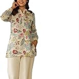 Women's Organic Printed Off White Pure Cotton Pyjama Top Night Suit Set-picture-27