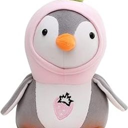 Plush Penguin Stuffed Animal with Pink Hood, Grey and White, Decorative Star Design-image-49