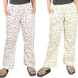 Women's Cotton Printed Pyjama/Pajama Trackpant Abstract Floral Combo (Pack of 2; Pink & Yellow)-19