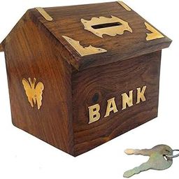MITRIA TRADERS Wooden Handicrafts Hut Shaped Wooden Money Box With Lock Piggy Bank Coin Box Children Gifts, Antique-image-35
