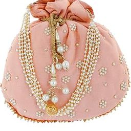 Kuber Industries Ethnic Clutch Silk Potli Batwa Pouch Bag with Beadwork Gift For Women (Peach) - CTKTC23066-25