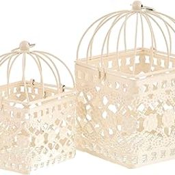Brown Leaf Bird Cage Metal Hollow Out Decorative Birdcage Iron Candle Holder Hanging Lantern Birdcage (Pack of 2) 1 Large + 1 Small (White)-image-51