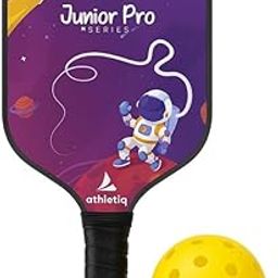 Athletiq JuniorPro Kids Pickleball Racket Set – Includes 1 Lightweight Paddle (185g), 2 Balls & Cover | 12mm Fiberglass Paddle Surface with SpinX Texture | USPA Standard | Ages 5–10-6