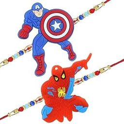 Rakhi for Kids Boy - Set of 2 Premium Cartoon Spiderman Captain America Superhero Rakhi for Kids Boys Baby Brother with Greeting Card and Roli Chawal-58