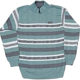 Men's Quarter-Zip Striped Sweater, Light Green and Grey Pattern, Long Sleeve Knit Pullover-picture-11