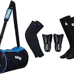 Club Football Kit (One Pair of Knee Length Lycra Cotton Socks + One Pair of Shin Guard + One Pair of Cotton Arm Sleeves + One Kit Bag) (Black/Blue)-12