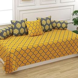 Trance Home Linen 200TC Diwan Set Cotton 6 Pcs | Printed Deewan Set for Living Room Hall (1-Bed Sheet 54x88 Inch | 2-Bolster Cover 16x32 Inch | 3-Cushion Cover 16x16 Inch) Dori Mustard Yellow-image-14