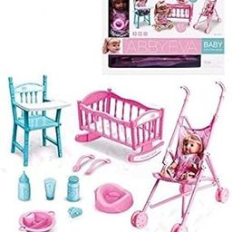 PamPam Baby Doll Furniture Set with Stroller, High Chair, Cradle and Accessories, Pink and Blue-9