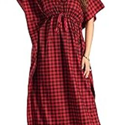 Women's Checkered Full Cotton Kaftan, Nighty, Maxi, Nightgown WSR-154-image-2