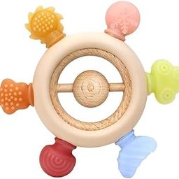 PAPAL Wooden Baby Teether Ring – Natural Beech Wood with Silicone/Jelly Tips – BPA-Free, Easy Grip, Rattle & Gum Soother for 3–24 Months Infants (Jelly Tip – with Handle)-image-46