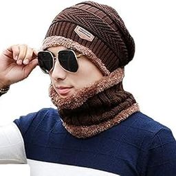 Knitted Winter Cap & Neck Scarf with Gloves,Unisex Beanie Cap with Neck Warmer for Women,Thermal Cap,Thick Fluffy Woolen Cap,Pack of 3 (Brown)-19