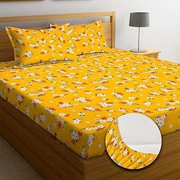 NEW LEAF Premium Cotton 210Tc Elastic Fitted Bedsheets With 2 Pillow Covers|Double/King Bed With All Around Elastic Wrinklefree Supersoft Breathable|Size-78 X72+8 Inches|Floral,Yellow & Red,210 TC-picture-6