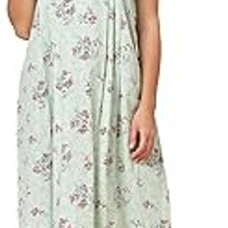 Women Floral Print Half Sleeves Cotton Blend Maxi Nightdress Sea Green-picture-5
