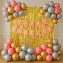 Flyloons Gold Pink Silver Birthday Decorations for Girls Set For Girls Women Mom Set of 52pcs happy birthday decoration items birthday decoration kit of Balloons, Foil Curtain Banner Curling Ribbon-14