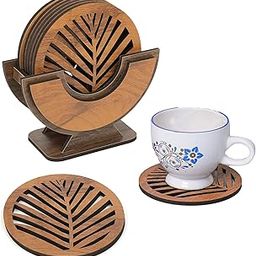 Wooden Coasters for Cups Set of 6 | Kitchen Accessories Items for Your Home, Office | Dining Table Decorative Items for Coffee Mug, Tea Cups, Glasses | 9.5 x 9.5 cm (Palm Leaf Pattern)-26