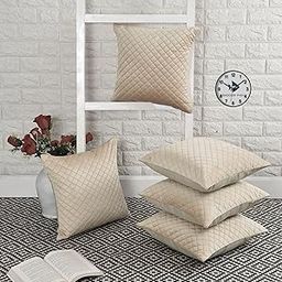 BIGGER FISH Velvet Self Design 16x16 Inch Set of 5 Quilted Cushion Covers (Cream)-12