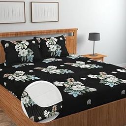 Window Wonder Premium Glace Cotton Elastic Fitted Bedsheets Double Bed 72x78x8 inch with 2 King Size Pillow Covers 17x27 inch |Bedsheet with All Around Elastic 210 TC Supersoft - Black & White-image-8