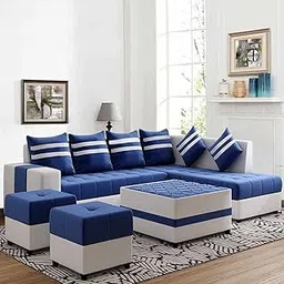 CASASTYLE - Stylio 8 Seater Fabric RHS L Shape Sofa Set with 1 Centre Table & 2 Puffy (Blue-Light Grey)-picture-5