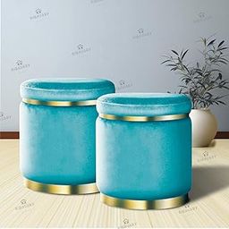 RIBAVARY Velvet Luxurious Sitting Stool for Bedroom & Living Room, Sofa Side Stool, Wooden Small Ottoman Footrest Stool, Makeup Chair, Pouf for Office & Home Decoration (Drum Combo, Turquoise 2)-image-58