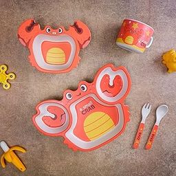 The Bamboo Co ® Kids/Baby Feeding/Dinner Set of 5 | Made of Bamboo| Kids Crockery Set Tableware |Baby Utensils and Dishes Set | Eco-Friendly |Organic & Natural (Orange Ocean Crab)-image-11