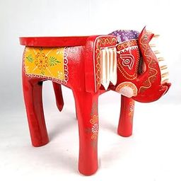 RHEA STORE Wooden Elephant Stool | Yellow & Red Finish Mini Decorative Accent Furniture | Pack of 2-image-53