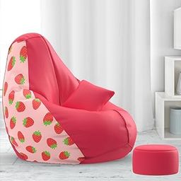 Biggie Bean Bag with Beans Filled 5XL Bean Bag with Free Cushion and Footrest - Official : InkedInComfort Combo (Matching Color : Printed, Strawberry - H - Pink White)-7