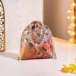 Kuber Industries 8x9 Inch Potli Bag For Women & Girls With Pearl Handles | Gifting Handbag/Purse - Ideal For Party, Wedding & Events | Radha Krishna Print - Peach-14